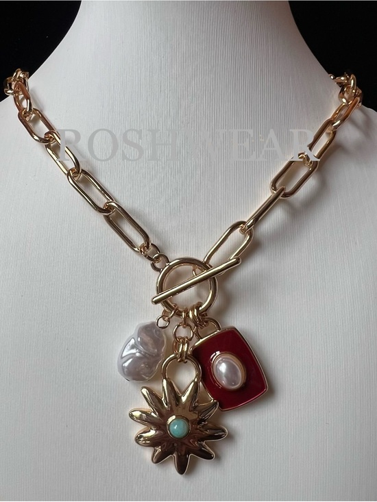 Mayamar Jewelry - Gold-Tone Charm Pendant Necklace with Red and Pearl Accents NWOT